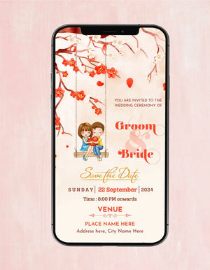 Cute Cartoon Couple Save the Date | Romantic Swing Theme Wedding E-Invite | W-166