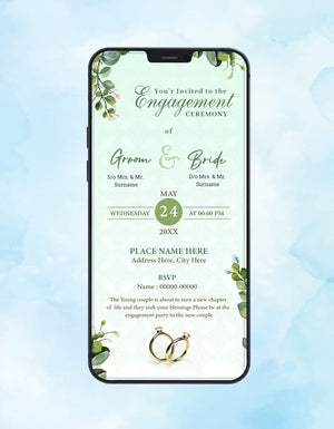 Engagement Ceremony Invitation | Elegant Green Leaves & Wedding Rings Theme E-Card | R-53