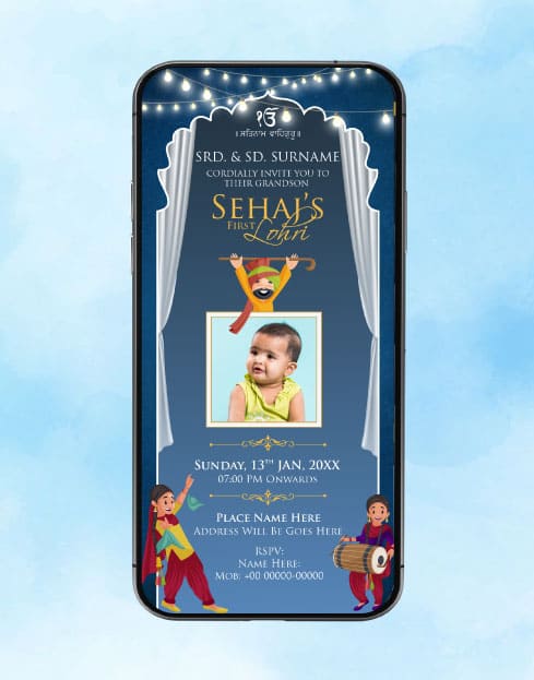 Lohri Celebration Invitation Card | Blue Curtain Stage Theme First Loh ...