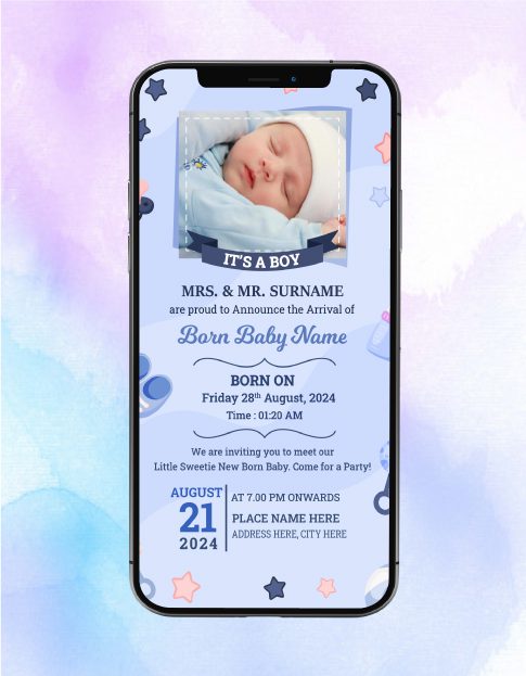 Baby Boy Birth Announcement Invitation Digital Blue Theme