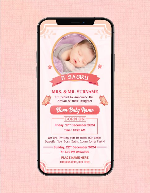 Baby Girl Birth Announcement With Photo Pink Welcome E-Invite for Newborn BA-05