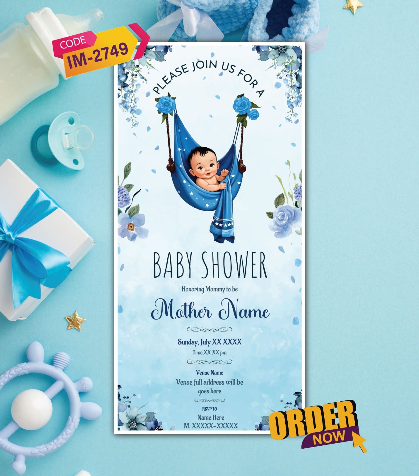Baby Shower Invitation Blue Floral Theme Baby Boy Invite IM-2749