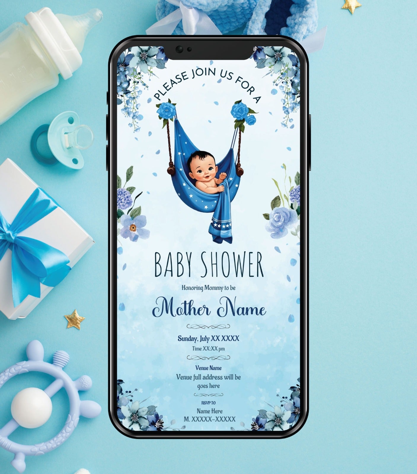 Baby Shower Invitation Blue Floral Theme Baby Boy Invite IM