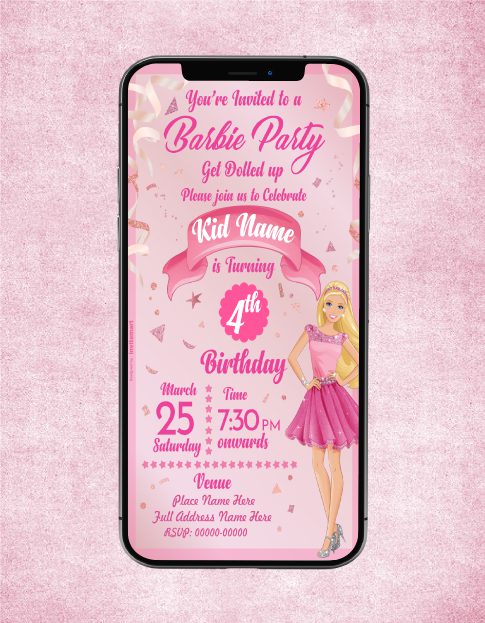 Barbie Birthday Invitation Card Pink Glitter Party Theme for Girls B-20