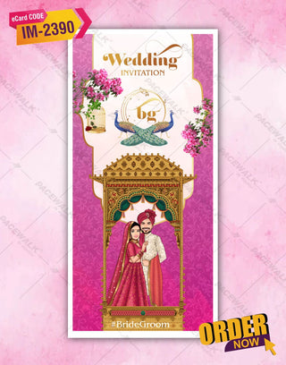 Caricature Pink Theme Wedding Invitation Card