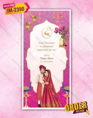 Caricature Pink Theme Wedding Invitation Card