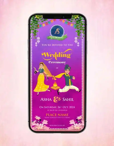 Caricature Save The Date Invitation | Vibrant Dandiya Couple Wedding E-Invite | C-1