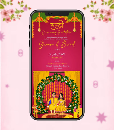 Caricature Couple Haldi Invitation Card | Vibrant Traditional Haldi Invite | IM-2750