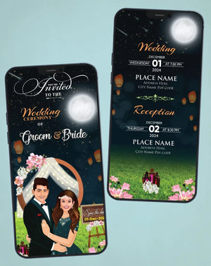 Caricature Wedding Invitation Night Sky | Romantic Starry Garden Theme | C-5