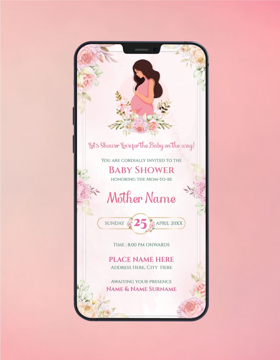 Floral Baby Shower Invitation Template Elegant Pink Mom-to-Be