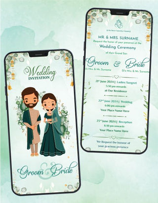 Floral Muslim Cartoon Couple Wedding Invitation