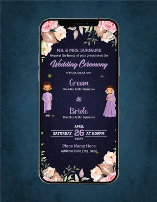 Floral Cartoon Couple Wedding Invitation 