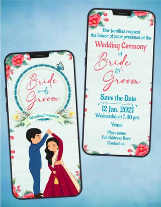 Floral Cartoon Couple Wedding Invitation