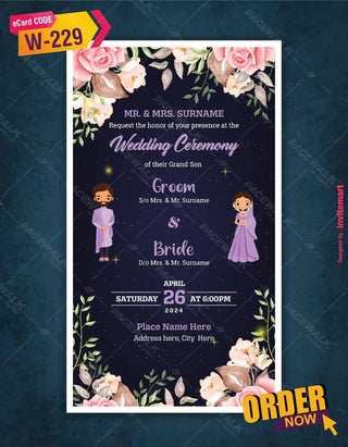 Floral Cartoon Couple Wedding Invitation 