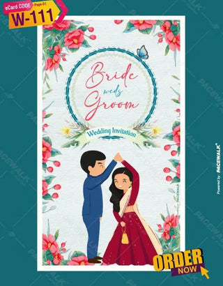 Floral Cartoon Couple Wedding Invitation