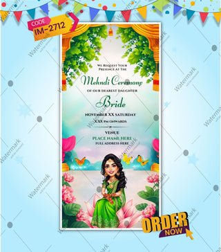 Indian Illustration Bride Mehndi Invitation Card