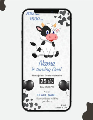 Kids Cow First Birthday Invitation Card | Farm Animal Digital E-Invite | IM-2590