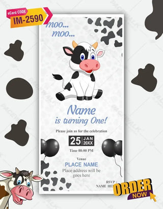 Kids Cow First Birthday Invitation Card | Farm Animal Digital E-Invite | IM-2590