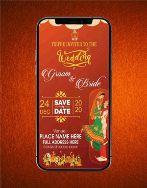 Marwari Wedding Invitation Card | Traditional Rajasthani Bride-Groom Illustration Save the Date | W-87