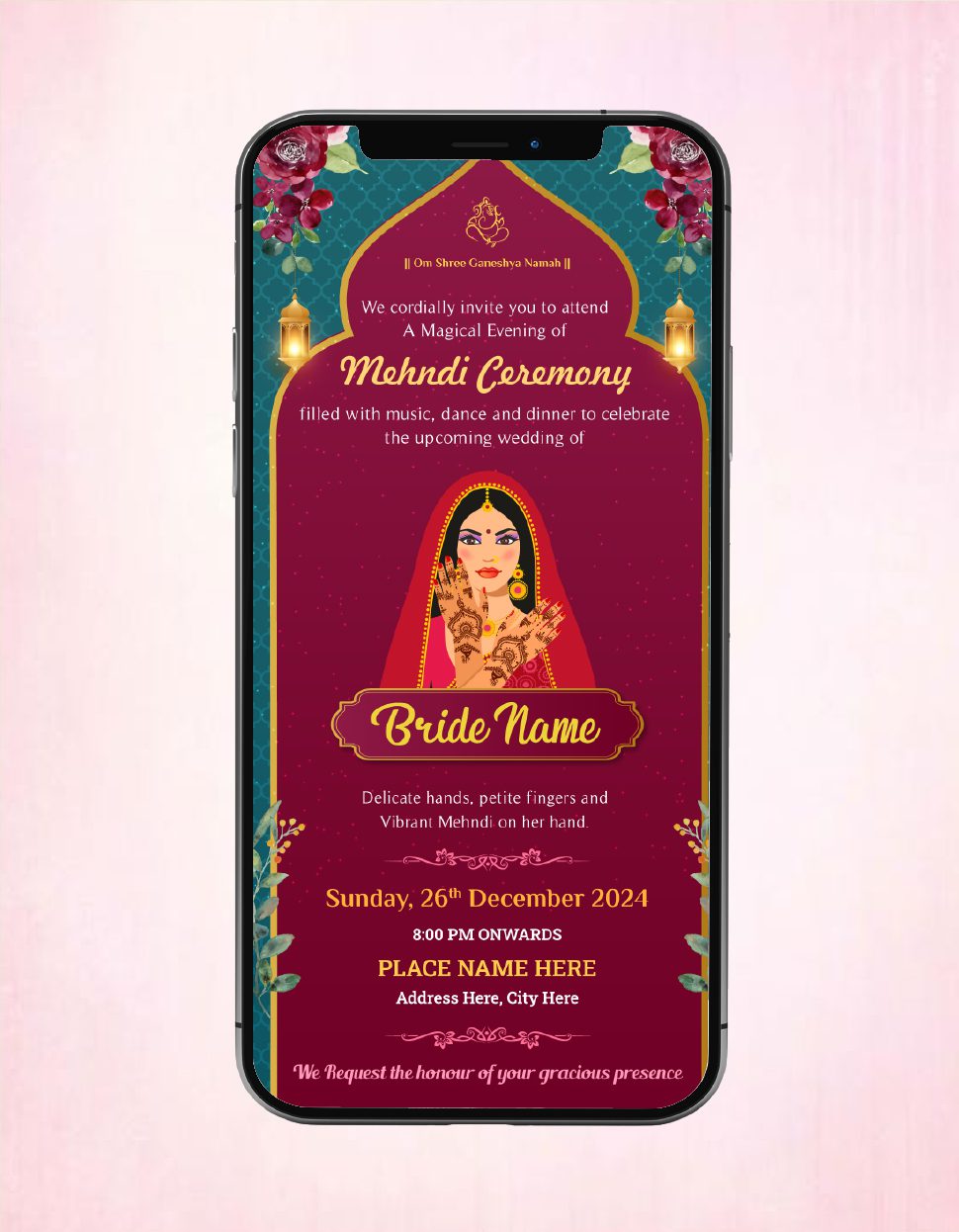 Mosada Invitation Mehndi Ceremony Invitation | Royal Maroon Bride Illustration Theme E-I ...