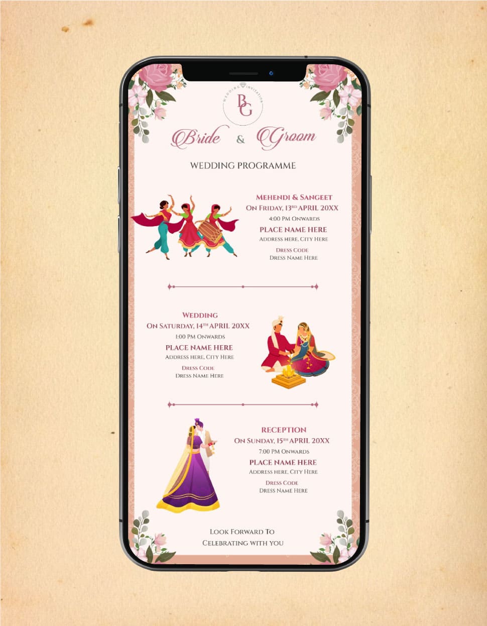 Multi Page Invitations Multiple Events Wedding Invitation Card | Floral Theme with Illustrati ...