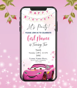 Pink Race Car Birthday Invitation