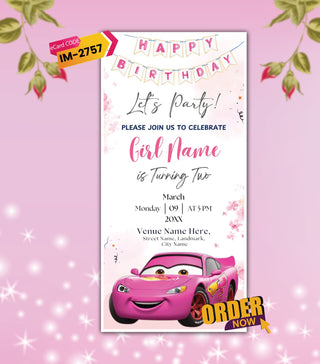Pink Race Car Birthday Invitation