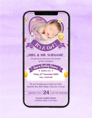 Purple Baby Girl Birth Invitations