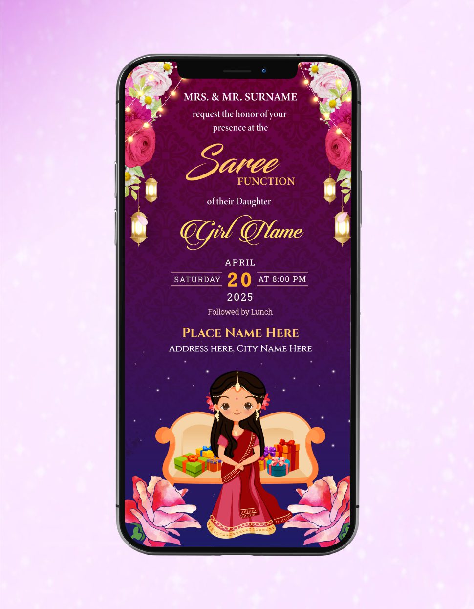 Saree Function Invitation Card | Elegant Girl Illustration Design | SF ...