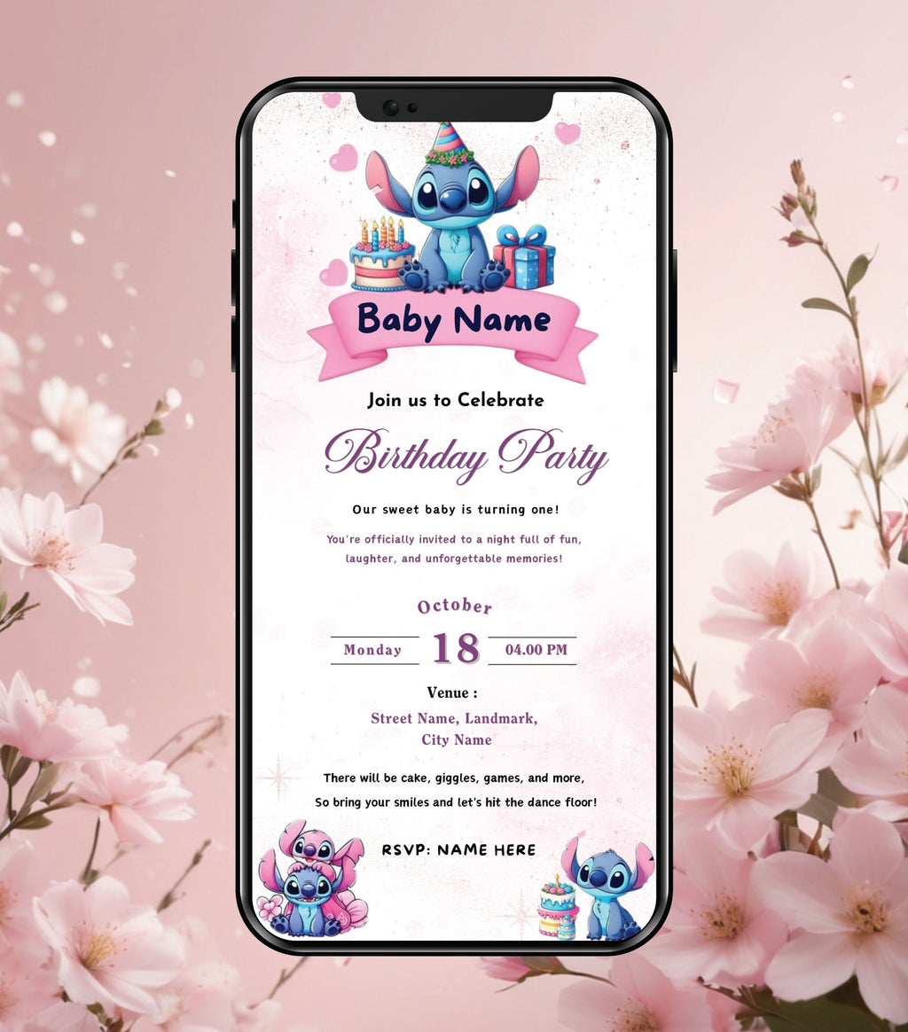 Stitch Baby Party Invitation Card | Cute Cartoon Birthday E-Invite | I ...