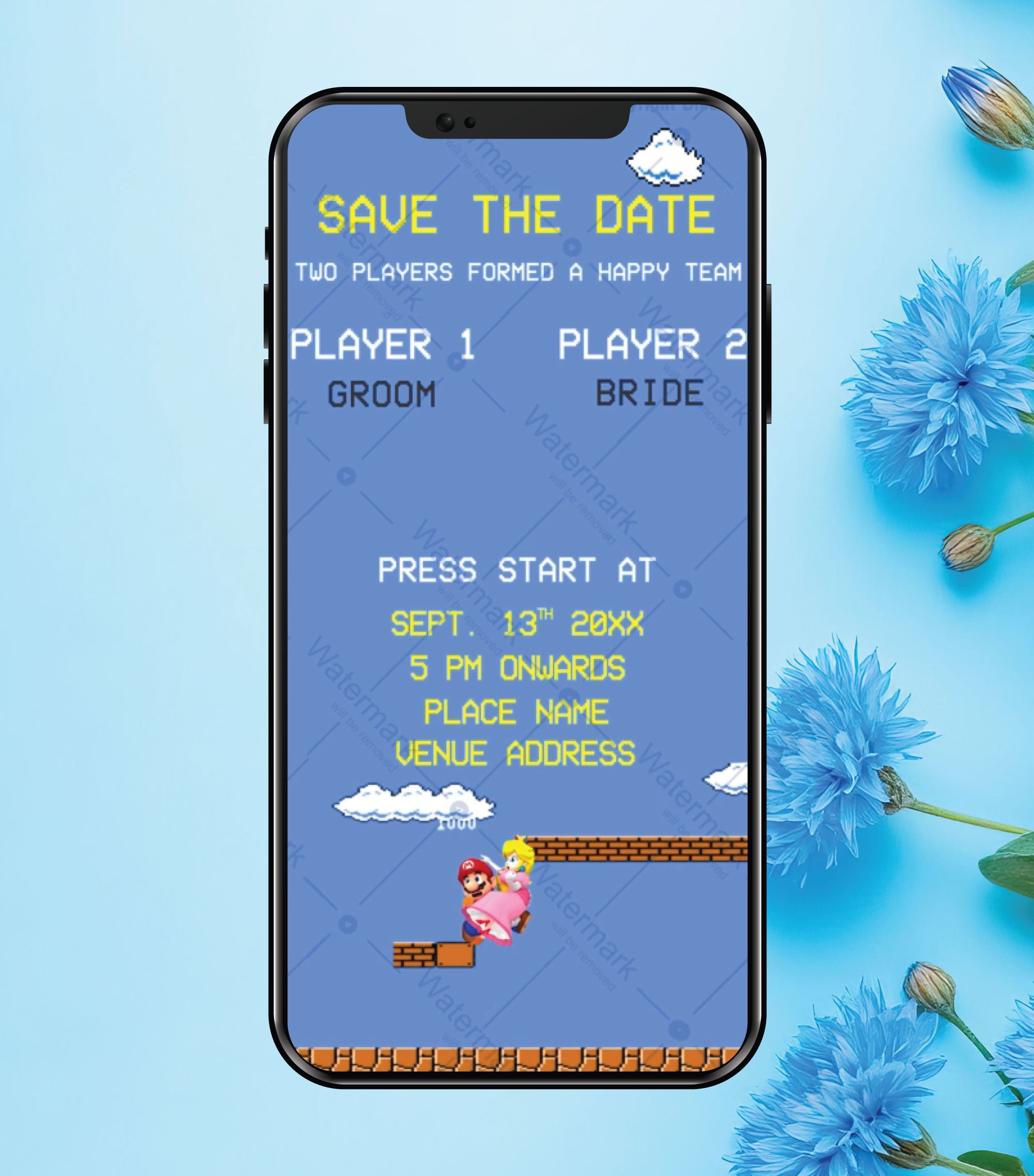 Super Mario Theme Wedding Invitation Video Retro Gamer Save The Date W-202-V