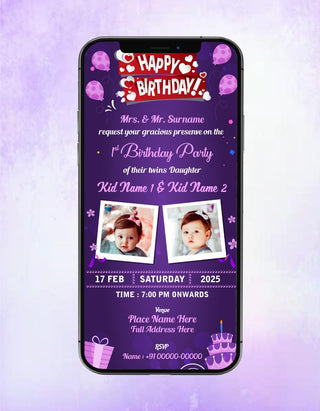 Twins Baby Girl Birthday Invitation