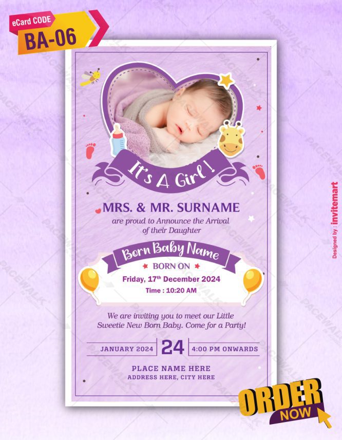 Purple Baby Girl Birth Invitations