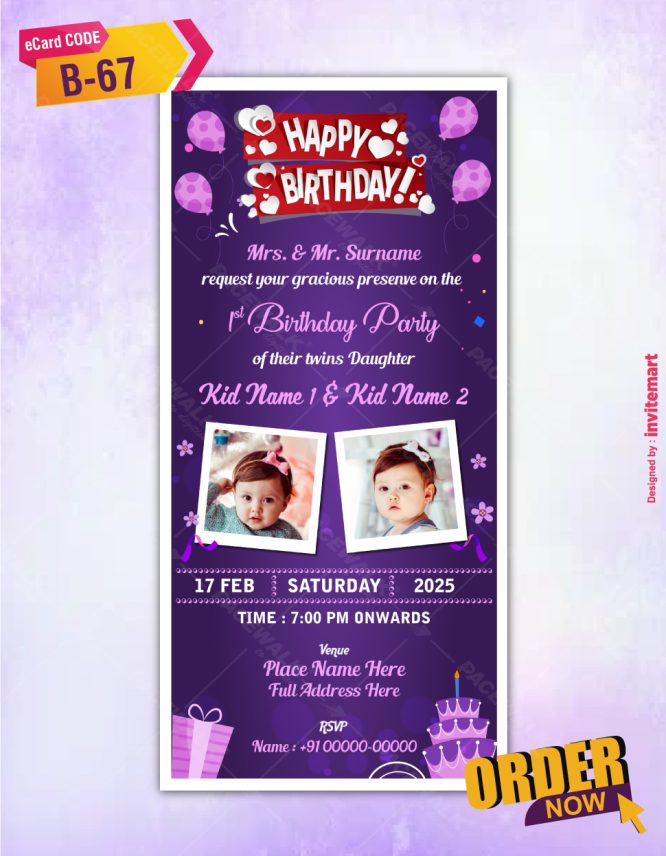 Twins Baby Girl Birthday Invitation