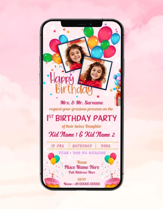 Twins Girl 1st Birthday Invitation Card Online