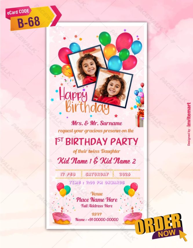 Twins Girl 1st Birthday Invitation