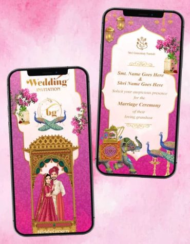 Caricature Pink Theme Wedding Invitation Card