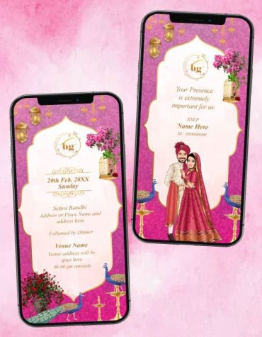 Caricature Pink Theme Wedding Invitation Card