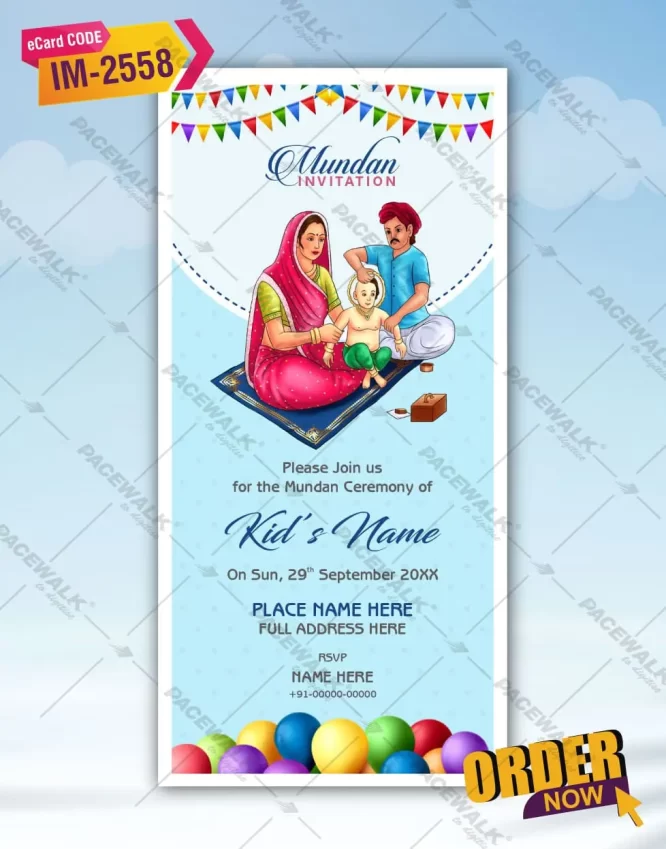 A Hindi Mundan E-invite with blossoms and Blue backdrop, Ganesha logo,  Design no. 3346 | Invitation card design, Card design, Invitation cards